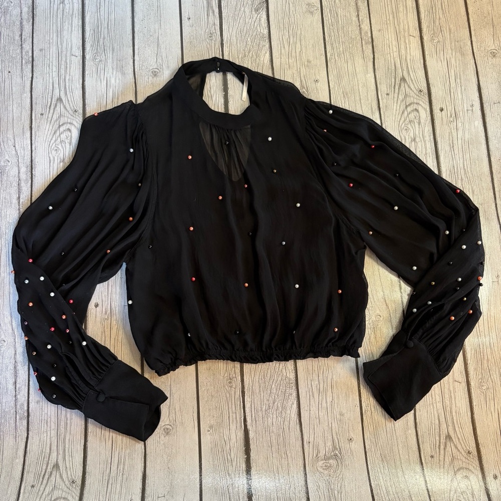 Free People Black Blouse with Red and White Accents size S/P